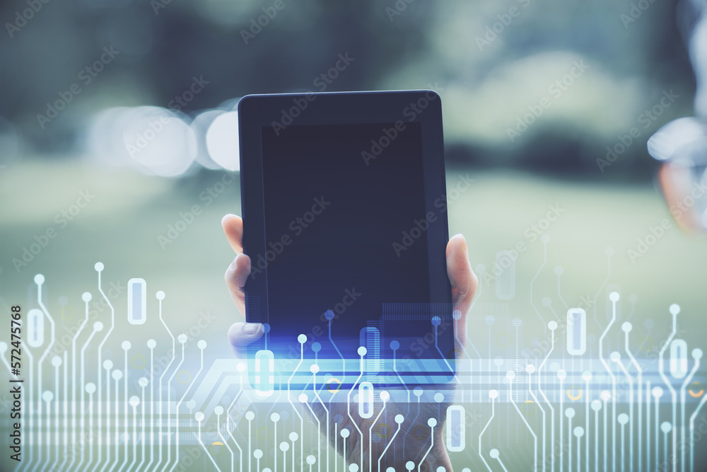 Poster Double exposure of technology sketch hologram and woman holding and using a mobile device. Ai concept