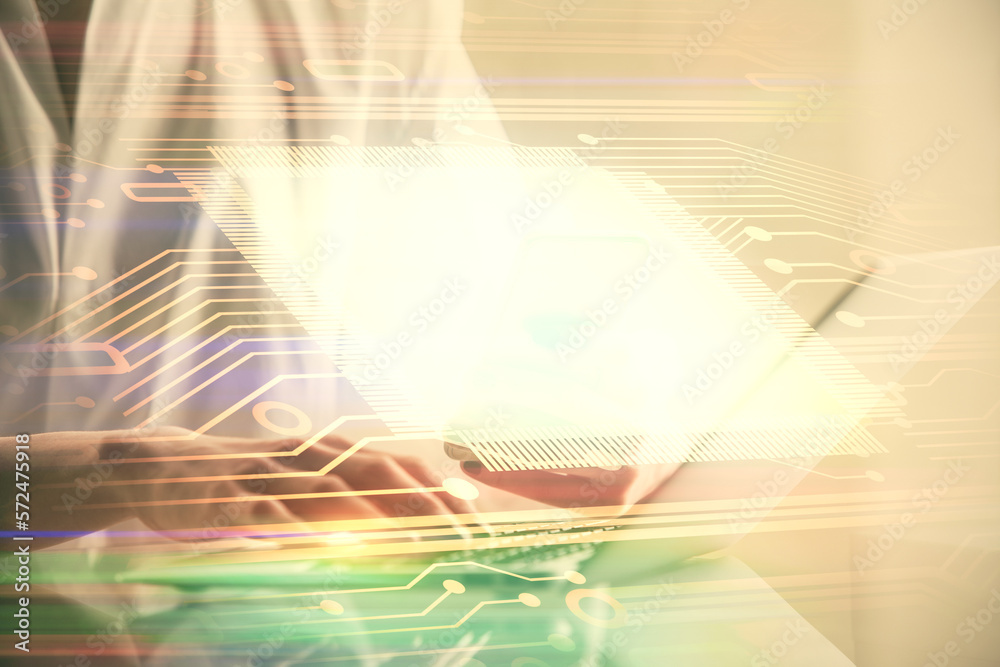 Poster double exposure of technology sketch hologram and woman holding and using a mobile device. ai concep