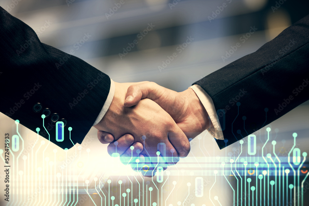 Poster double exposure of data theme hologram and handshake of two men. partnership in it industry concept.
