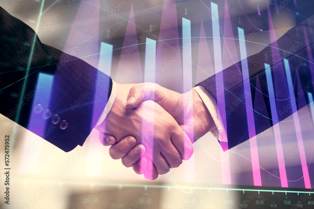 Poster double exposure of forex graph hologram and handshake of two men. stock market concept.
