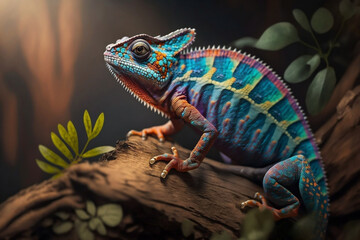Chromatic Camouflage: The Close-Up Rainbow Chameleon. Generative ai