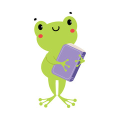 Cute baby frog standing with book. Funny smart amphibian animal character. Kids education concept cartoon vector illustration