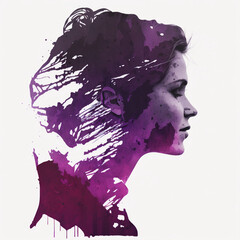 abstract face of a woman in double exposure in violet and magenta colors. Image generated by Artificial Intelligence. International women´s day concept.