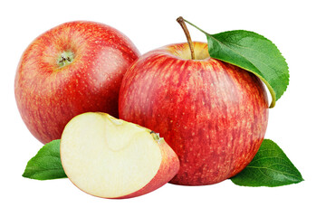 Ripe red apple fruits with apple slice and apple green leaves isolated on transparent background.