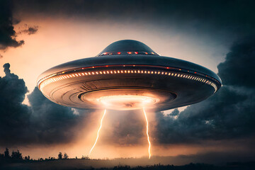 Fototapeta na wymiar UFO landing from the Sky. ia generative,