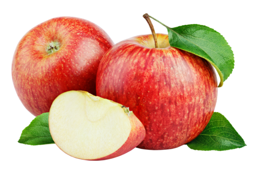 Ripe red apple fruits with apple slice and apple green leaves isolated on transparent background.