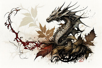 Artistic Dragon Tattoo Design With Innovative Plant Art on White Background. Generative AI