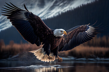 Fototapeta premium Bald Eagle Mid-Air Flight Moment. Generative AI.