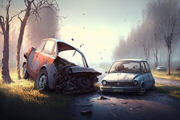 Accident of two cars in early spring morning, concept of Weather and Road Conditions, created with Generative AI technology