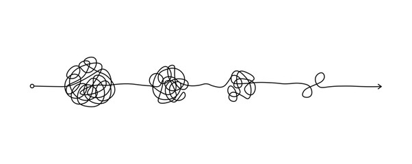 Messy hand-drawn lines, chaos to simplicity, and confusion to clear concept. Doodle line knot. Vector illustration. - obrazy, fototapety, plakaty
