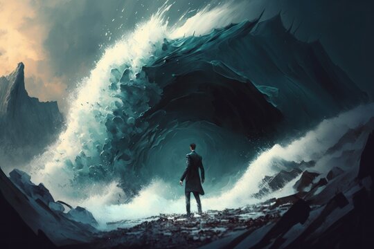 Futuristic Man Confronting Giant Wave, generative ai