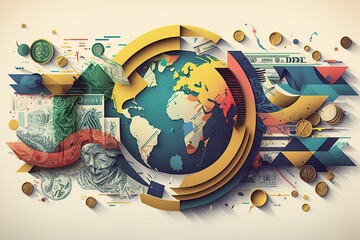 Illustration of currency exchange with colorful bank notes and coins from different countries, concept of Cultural Diversity, created with Generative AI technology