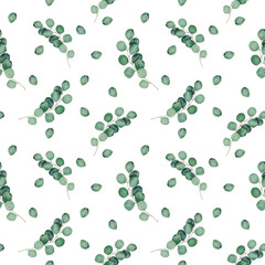 Eucalyptus watercolor seamless pattern. Hand drawn clipart isolated on white background. Hand painting clipart on an isolated background. Print for wedding invitation, designers, decoration, textile
