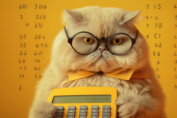 Cute cat in glasses calculates the family budget concept of Money Management and Financial Planning, created with Generative AI technology - obrazy, fototapety, plakaty