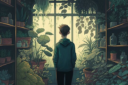 Person standing in front of greenhouse surrounded by shelves of plants, concept of Greenhouse Gardening and Plant Cultivation, created with Generative AI technology