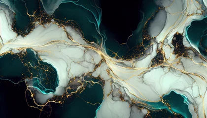 Poster Abstract navy emerald marble liquid texture with gold splashes, luxury background © Alina