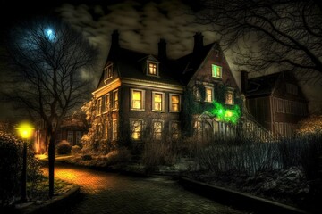 Naklejka premium Old house at night. Horror atmosphere. Generative AI