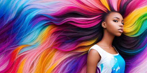 Beautiful girl with colorful hair. Young African American woman with rainbow dyed hairstyle. Female face on background of colored fluttering curls. Professional haircut and coloring. Generative AI - obrazy, fototapety, plakaty