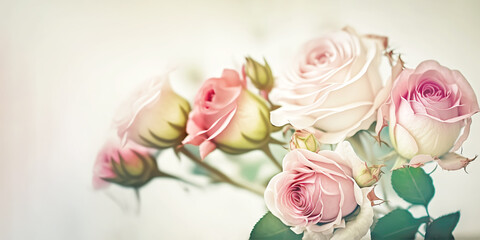 Obraz na płótnie Canvas Beautiful bouquet of roses close up illustration, banner. Generative AI