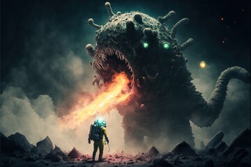 Obraz premium A group of astronauts fighting giant monster from Lovecraft nightmare. Generative AI