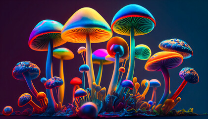 Magical Mushroom Garden with Vibrant Hues.  Hallucinogenic Fungi. Generative AI