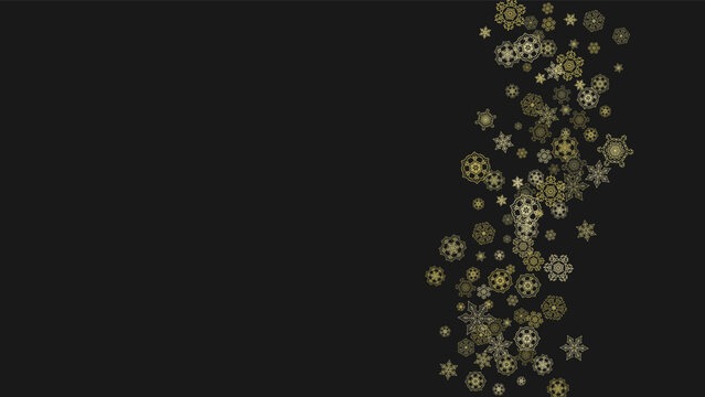 Gold Snowflakes Frame On Black Background. New Year Theme. Horizontal Shiny Christmas Frame For Holiday Banner, Card, Sale, Special Offer. Falling Snow With Gold Snowflake And Glitter For Party Invite