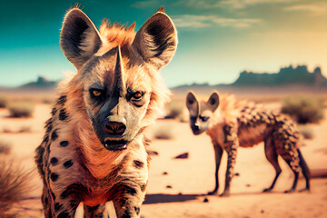 Furious Wild Hyenas in Desert. Generative AI