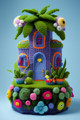 generative AI. cute colorful miniature fantasy house design with tropical flowers and plants made of wool. Kids cartoon animation movie style