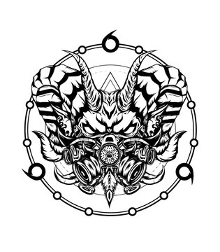 recommend clip art: Monster with apocalypse mask vector illustration in black and white color
