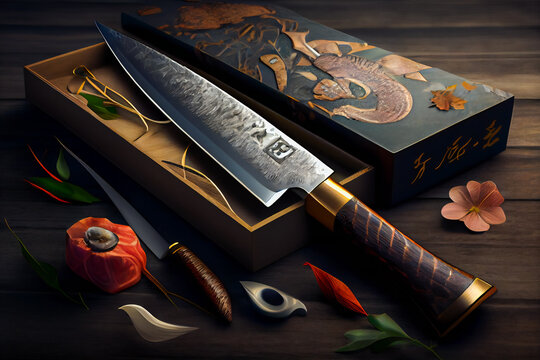 Japanese Kitchen knife.  Generative AI.