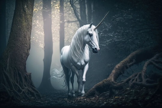 Artistic mystical horse in the fantasy dark fairy forest landscape. Abstract unicorn in the magical woodland. 