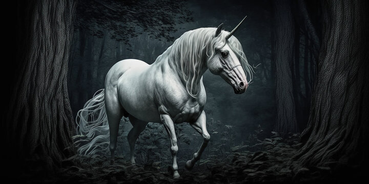 White unicorn horse in dark forest. 