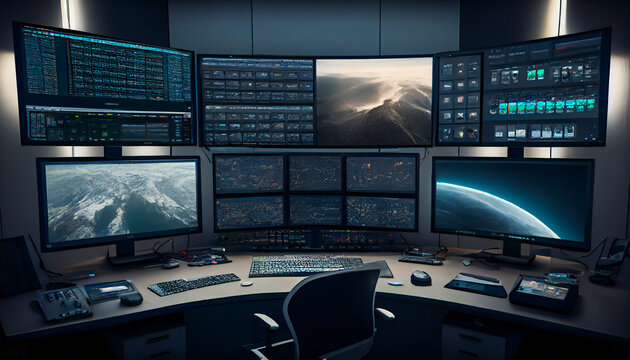 Technologically Advanced Computer Room.  Multiple Monitors. Generative AI.