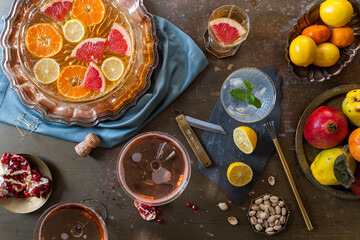 Overhead drink bowl of punch, citrus, party