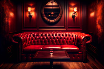 Red Interior of luxury nightclub, restaurant.  Lounge bar.  Generative AI. - obrazy, fototapety, plakaty