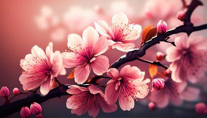 Sakura flowers blooming. Beautiful pink cherry blossom. Generative AI.