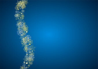 New Year frame with gold snowflakes on blue background. Horizontal Christmas and New Year frame for gift certificate, ads, banner, flyer, sales offers, event invitations. Glitter snow with sparkle