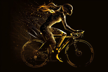 Fototapeta na wymiar cycling woman with golden silhouette, ai
