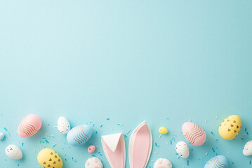Easter concept. Top view photo of easter bunny ears colorful eggs and sprinkles on isolated light...