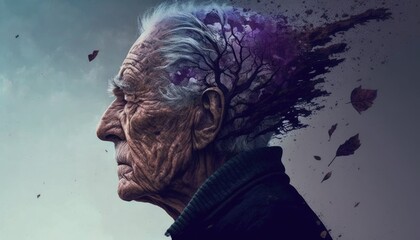 Portrait of an elderly man with Alzheimer's disease fighting against oblivion. Created with AI generative technology.