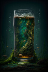glass of beer on underwater background,  beer stillife underwater, ai