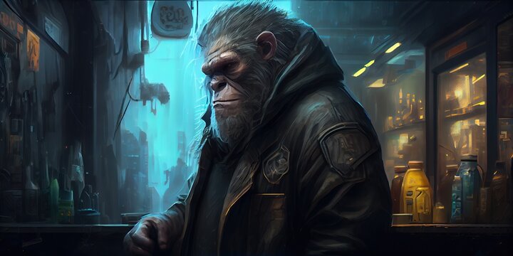 The cyberpunk ape is a symbol of rebellion, individuality, and technology. This illustration represents an ape in a neon-lit cyberpunk world