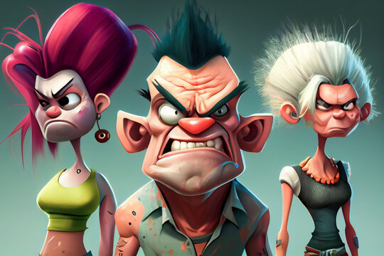 Very Angry Human Cartoon.  Unhappy Peoples.  Furious Persons. Generative AI