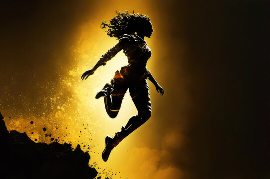 base jumping woman with golden silhouette, ai