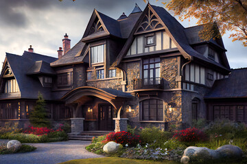 Fototapeta premium Village style house. Beautiful exterior of luxury home. Generative AI.