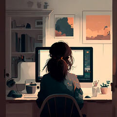 Homeoffice. Girl working with her computer seen from behind. Generative AI