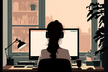 Home office. Girl working with her computer seen from behind. Generative AI