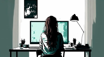Home office. Girl working with her computer seen from behind. Generative AI