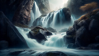 Waterfalls cascading down a rocky terrain. Generative AI.