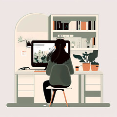 Homeoffice. Girl working with her computer seen from behind. Generative AI